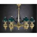 Bradley  hubbard victorian chandelier sixarm fixture with kerosene fonts topped by green cased glass shades late 19th c 31 12 x 42 dia