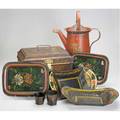 Toleware eight pieces includes red watercan with oriental decoration grainpainted valuables chest two bread trays two cups and two trays tallest 17