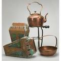 Copper lot five pieces pair of sconces with stained glass panels dovetailed teapot on a wroughtiron trivet heinrichs hammered basket tallest 16