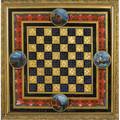 Reversepainted game board highlighted in gold and black with landscape vignettes in gilded gesso frame 19th c 25 sq with frame
