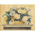 Theorem on paper depicting a basket of flowers in gilded period frame mid 19th c 13 x 17