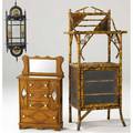 Victorian furniture bamboo whatnot together with a miniature tramp art mirrored tall chest and an ebonized aesthetic style hanging curio largest 50 x 22 x 16