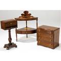 Miniature empire chest mahogany fourdrawers together with a sheraton corner washstand and a mahogany jewelry box on pedestal all 19th c 34 x 26 x 20