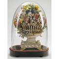 Victorian shell art elaborate basket of flowers with gilded highlights under a glass dome ht 22
