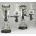 Pair of argand lamps in bronze and clear glass with shades and prisms electrified mid19th c signed john b jones boston ht 19 12