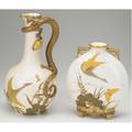 Royal worcester dragon ewer with cream colored body decorated with dragonflies butterfly and an egret handle formed by giltdecorated dragon together with a similarly decorated pillowshaped vase