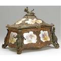 Sevres style jewelry casket gilded metal with porcelain panels painted with allegorical scenes and figural decoration early 20th c 10 x 14 x 12