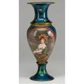 French art nouveau enameled vase baluster form turquoise enamel decorated with a butterfly among scrolling thistles the central reserve depicts a seated woman in landscape on base metal with gilt b