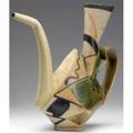 John gill ceramic sculptural teapot of geometric form covered in polychrome glaze 1983 signed and dated 16 x 15 14 x 8