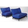 James mont pair of armless settees upholstered in bright blue raw silk on ebonized oak bases 33 x 50 x 38