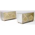 James mont pair of mirroredtop chests in silver finish each with single drawer over two canefront doors each 36 x 48 x 20
