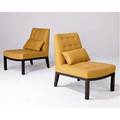 Edward wormley  dunbar pair of slipper chairs upholstered in tan fabric on dark stained wood frames dunbar metal tags 31 x 22 x 29