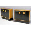Gilbert rohde pair of oak cabinets each with two leathercovered doors and a shaped base 30 x 36 x 12