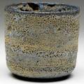 Natzler straightwalled vessel covered in blue and brown volcanic glaze signed natzler with original inventory tage 5 12 x 6