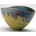 Natzler early folded bowl covered in purple and turquoise flowing lava glaze on a frothy ochre ground signed g  o natzler 6 x 10