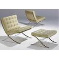 Mies van der rohe  knoll pair of barcelona chairs and single ottoman with tufted celadon leather cushions on polished steel frames all with knoll international tags each 30 x 31 x 28
