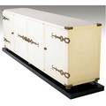 Tommi parzinger cream enameled wood fourdoor credenza with brass strap hinges on black laminate base branded signature 32 x 96 x 20 12