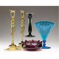 Steuben five pieces pair of tall amber glass candlesticks single black and green candlestick amethyst flower bowl and blue fan vase with etched decoration fan vase with etched stamp tallest sti