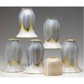 Quezal  steuben six art glass lamp shades five quezal with blue and gold pulled feather design on white ground chipped fitter to one small nick to another one opalescent steuben with scalloped e