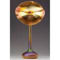 Quezal tall jackinthepulpit vase with lustered gold blossom and purple to emerald stem incised quezal 14 34 x 7 14