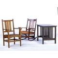 Gustav stickley three items spindled library table no 655 with rectangular top unsigned 29 x 36 x 24 armchair no 340 and matching rocker no 365 with vertical slats and dropin leather