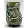 Chelsea keramic art works pitcher with applied berries and leaves on vines against a hammered ground covered in glossy green glaze stamped ckaw 7 12 x 6