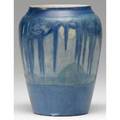Newcomb college vase carved by an unidentified artist with a moonlit scene of live oaks and spanish moss 1931 5 14 x 4