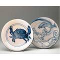 Dedham crackleware two very rare pink plates one a crab plate the other one with a fish indigo stamps and impressed rabbits one has a11 8 12