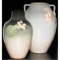 Rookwood two iris glaze vases one painted by irene bishop with pink roses 1906 the other by k van horne with nasturtium 1907 flame marks and signatures 6 and 5 12