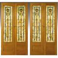 Arts and crafts two pairs of folding doors with leaded glass inserts in polychrome unmarked panels 82 x 21 glass 57 12 x 13 14