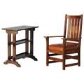 L and jg stickley  roycroft stickley tallback armchair no 836 with vertical slats and dropin spring seat unsigned 43 34 x 27 x 21 together with a roycroft little journeys stand metal