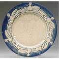 Pewabic early and rare crackleware plate incised with ducks on water against an indigo and white ground 14 flake to rim mark obscured by glaze 9 dia