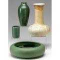 Merrimac etc four pieces merrimac vase covered in deep green and blue feathered glaze marblehead green cylindrical vase hampshire bowl in matte green and vase in curdled ivory and brown short lin