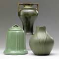 Van briggle etc three pieces covered in green glaze van briggle bulbous vase embossed with swirling leaves fulper twohandled vase ohio covered vessel van briggle marked aa van briggle colo spgs