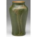 Walrath vase mattepainted with red lillies and green leaves on a deep green ground incised walrath pottery 7 12 x 4