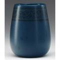 Marblehead tapered vase painted by arthur baggs with black foliate band on speckled matte blue ground faint stamped ship mark b in circle 4 12 x 3 12