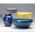 Marblehead three bowls and a pitcher in assorted glazes short opposing lines to purple bowl all have ship mark pitcher 6