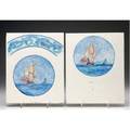 Marblehead two study plaques painted with medallions of ships against a white ground one with banded fish design above medallion complete with period photographs of similar medallions on a pair of m