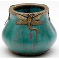 Eugene baudin france small vase covered in turquoise glaze and set into a hammered copper frame with dragonflies signed 3 x 3 34