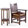 Gustav stickley two pieces armchair no 318 with loose cushion on rope foundation red decal telephone table no 605 burnedin mark and paper label 38 x 26 34 x 22 34 and 30 x 14 sq