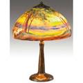 Handel table lamp with a chipped glass shade reversepainted with a bucolic landscape around a stream over a twosocket coppered base shade stamped and signed handel 7452 base unsigned 20 x 15