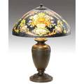 Handel table lamp with a texturedglass reversepainted shade with multicolored baskets of flowers on a black background over a threesocket vaseshaped base original patina two minor flakes to ri