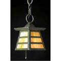 Handel arts  crafts hanging fixture lined with caramel granitebacked glass complete with chain and ceiling cap original green patina unmarked 20 12 x 6 12