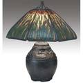 Handel large table lamp with a paneled glass shade in the cattail pattern over a fine bulbous threesocket poppy base worn original patina and small dent to base single panel replaced with origina