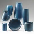 Marblehead six vases and a bowl covered in indigo glaze 1 12 line to cylindrical stamped ship mark tallest 7 34
