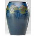 Marblehead exceptional vase incised and painted by arthur baggs with stylized flowers in yellow and orange against a dark blue and speckled medium blue ground 1915 ship markab1915 8 12 x 6