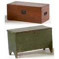 Country chest bootjack end green painted blanket chest together with a similar chest in red both 19th c larger 16 12 x 26 x 12 12