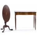 Federal period mahogany card table with maple inlay together with a mahogany tilttop table with inlaid top one broken leg to card table 13 12 x 18 x 36
