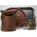 Americana six pieces a red wood firkin two toleware trays wooden bowl food chopper and a copper tea pot