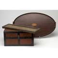Marblehead americana three pieces painted red box oval mahogany tray with brass handles and a marblehead tile tray